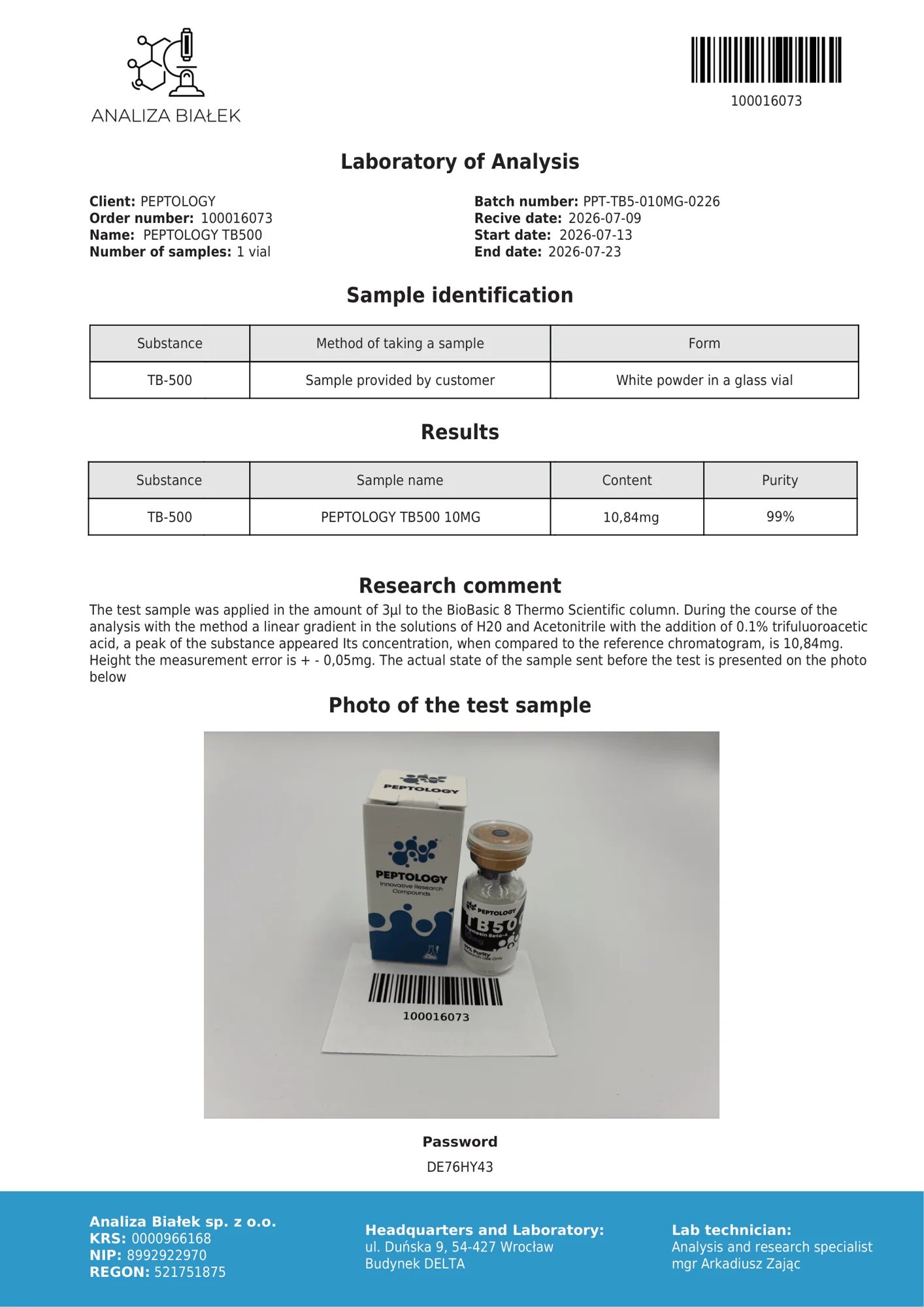 TB500 10 mg – certifikat čistosti HPLC, serija 0226