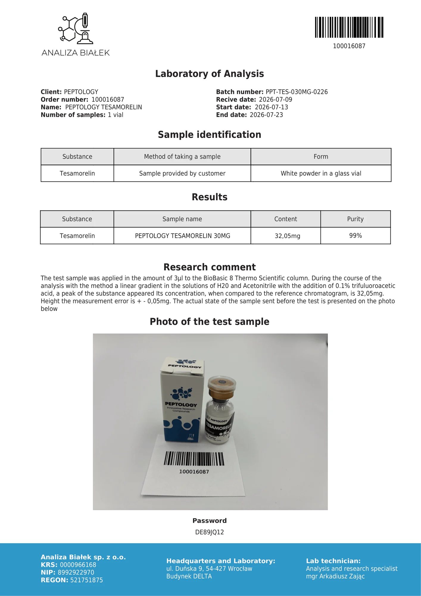 Tesamorelin 30 mg – certifikat čistosti HPLC, serija 0226