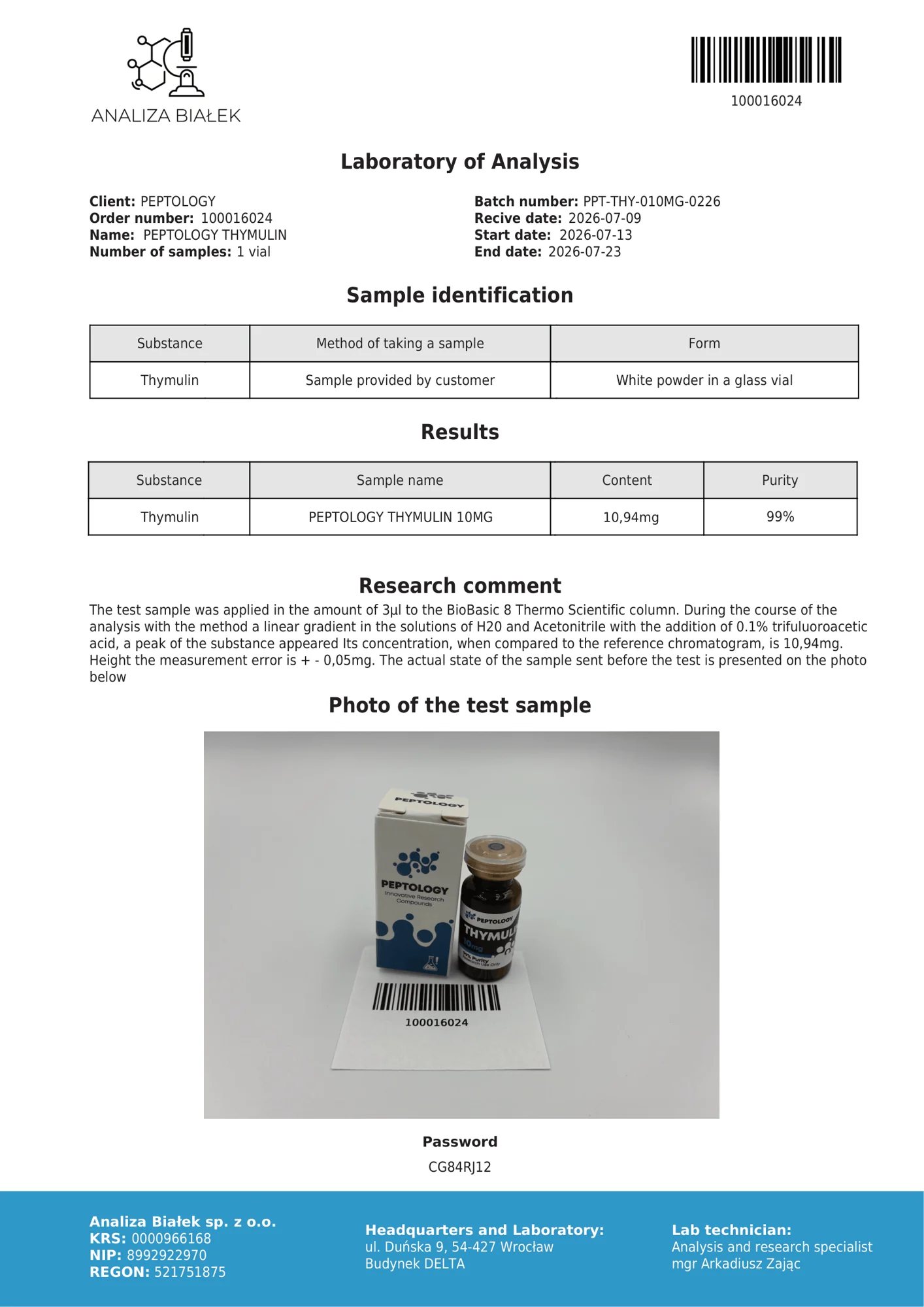 Thymulin 10 mg – certifikat čistosti HPLC, serija 0226