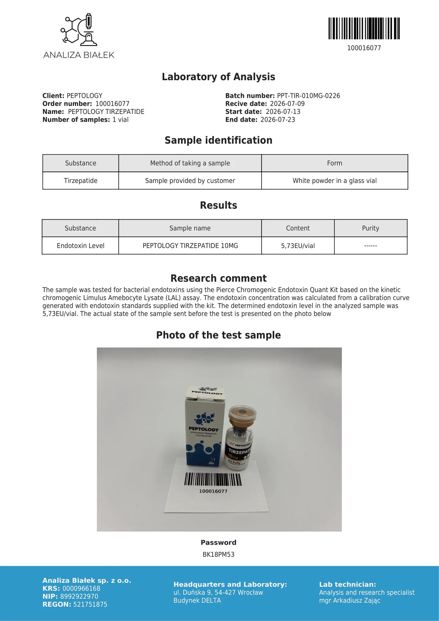 Tirzepatide 10 mg – test endotoksinov, serija 0226