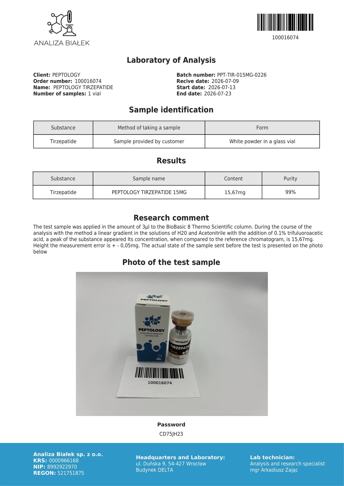 Tirzepatide 15 mg – certifikat čistosti HPLC, serija 0226