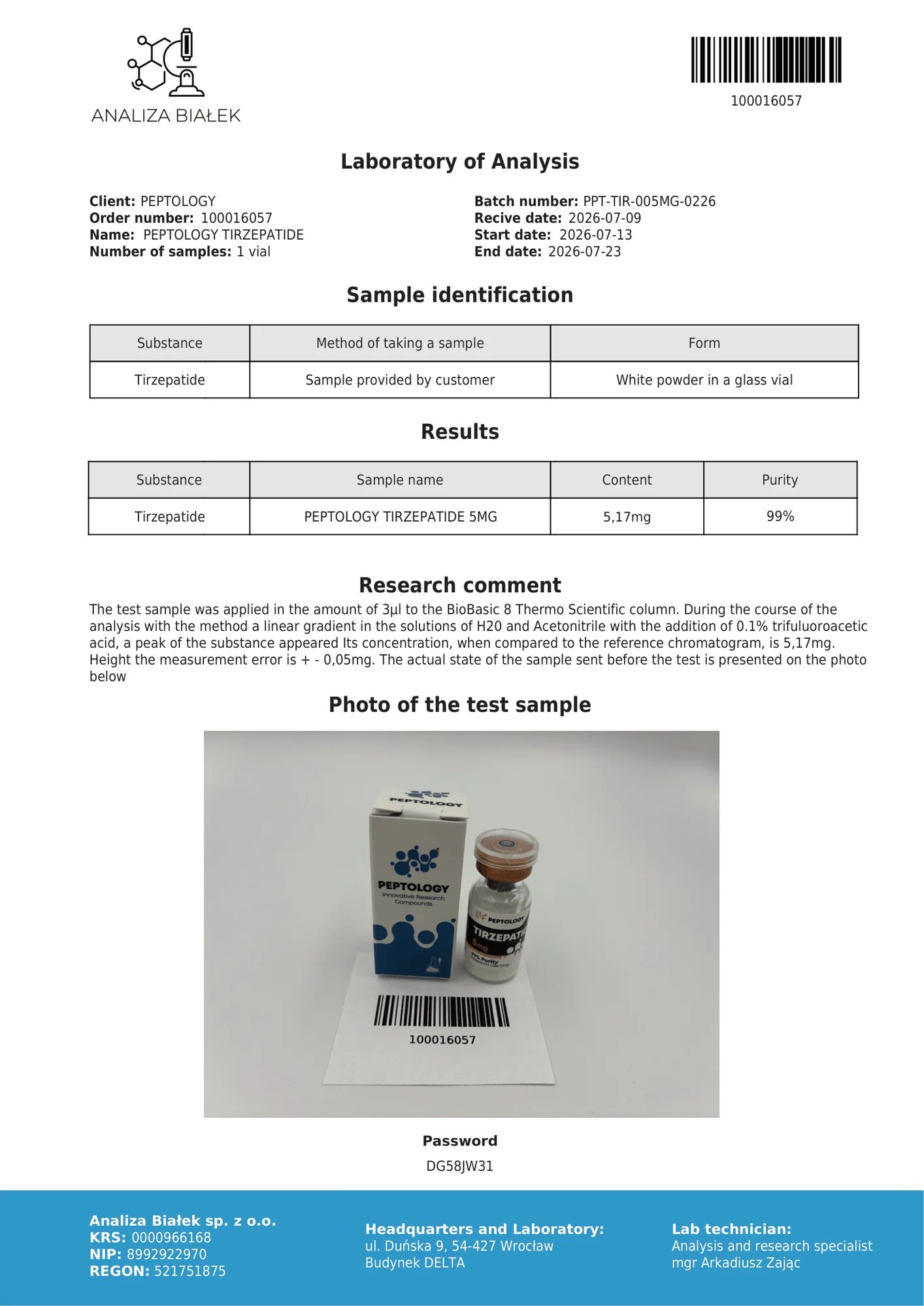 Tirzepatide 5 mg – certifikat čistosti HPLC, serija 0226