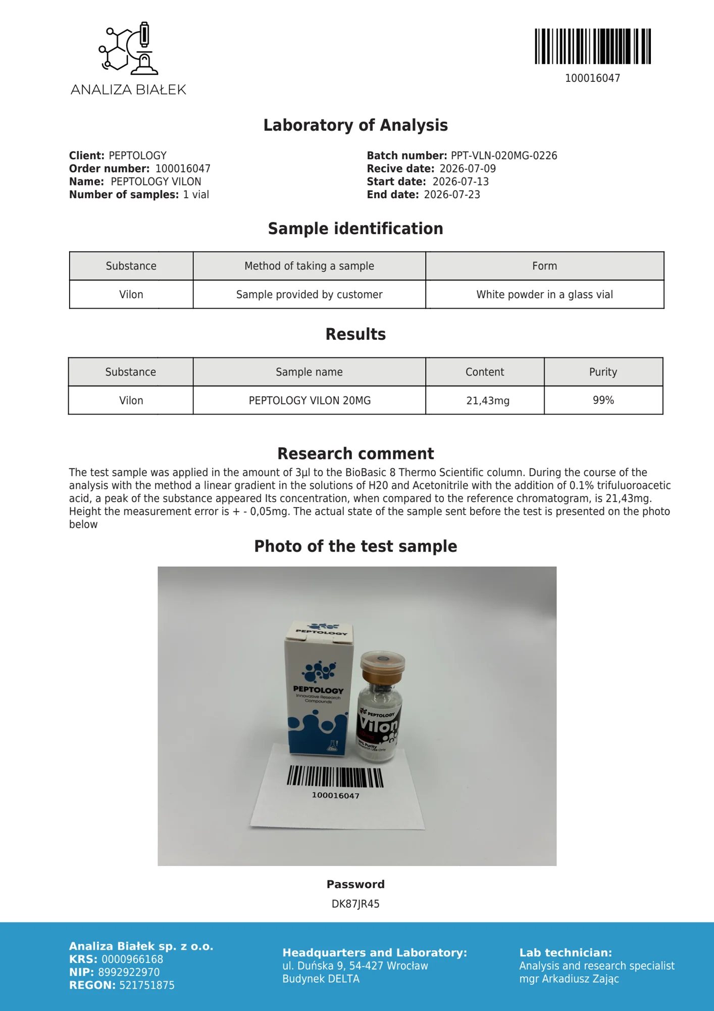 Vilon 20 mg – certifikat čistosti HPLC, serija 0226